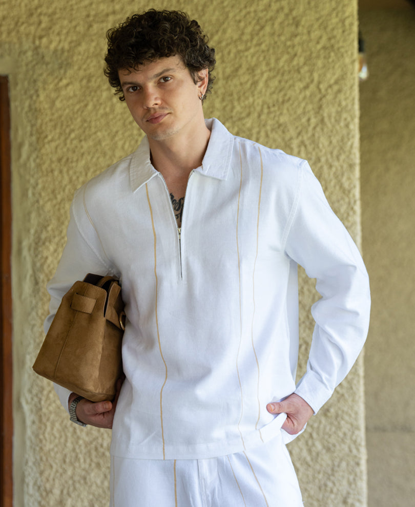 White Linen Blend Striped Cord Set