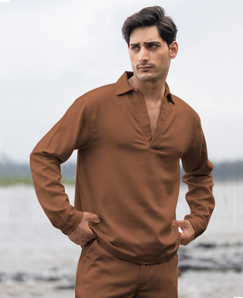 Brown Structured Cotton Kurta Shirt.