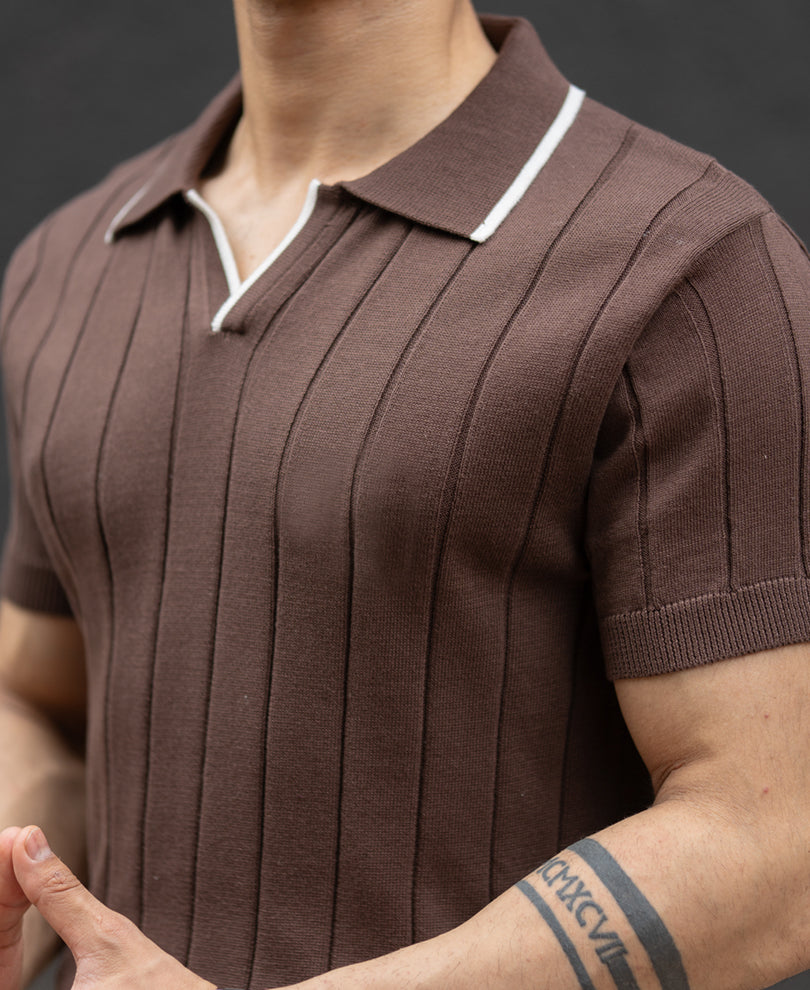 Brown Structured Knit Polo T-Shirt.