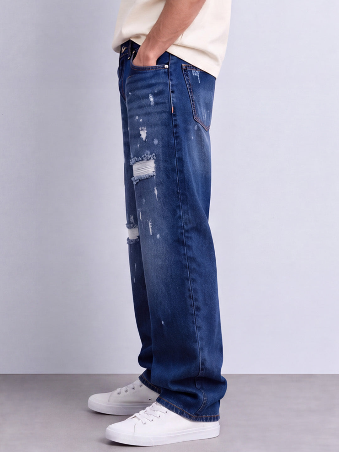 Dark Blue Distressed Baggy Fit Jeans