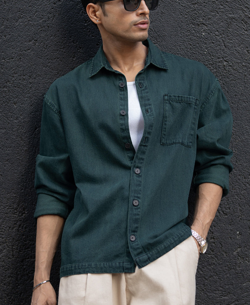 Dark Green Over Dyed Denim Shirt.