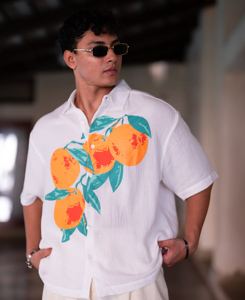 White Tangerine Print Shirt 100% Cotton