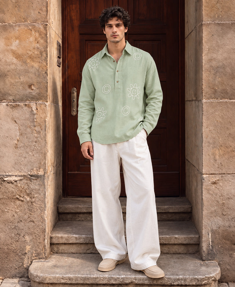 Sage Embroidered Linen Blend Shirt