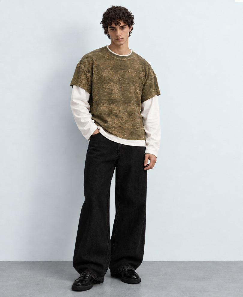 Dark Beige Grungy Double Layered T-Shirt