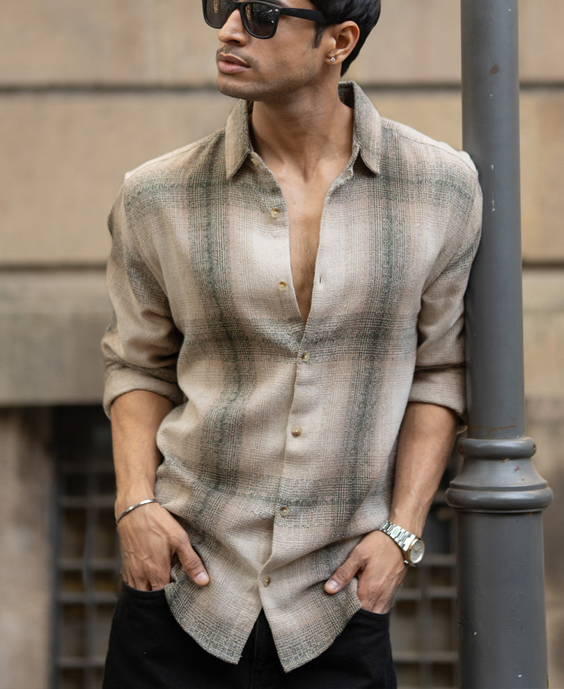 Beige Structured Checked Shirt.