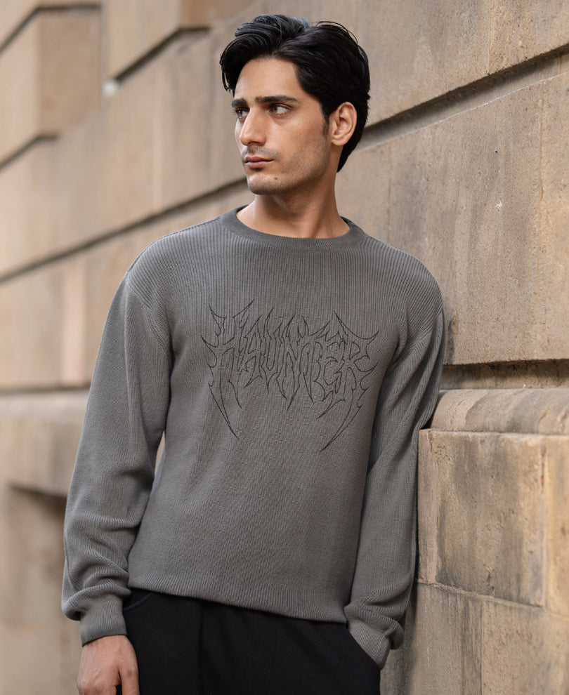 Grey Washed Printed Knit Jumper 100% Cotton