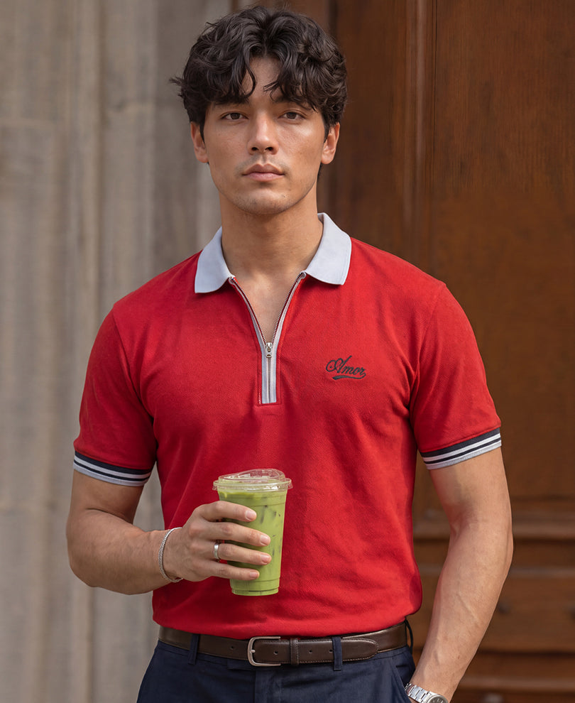 Red Structure Knit Polo T-Shirt