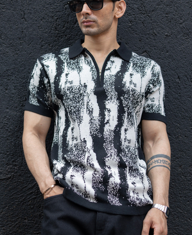 Black White Jacquard Knit T-Shirt.