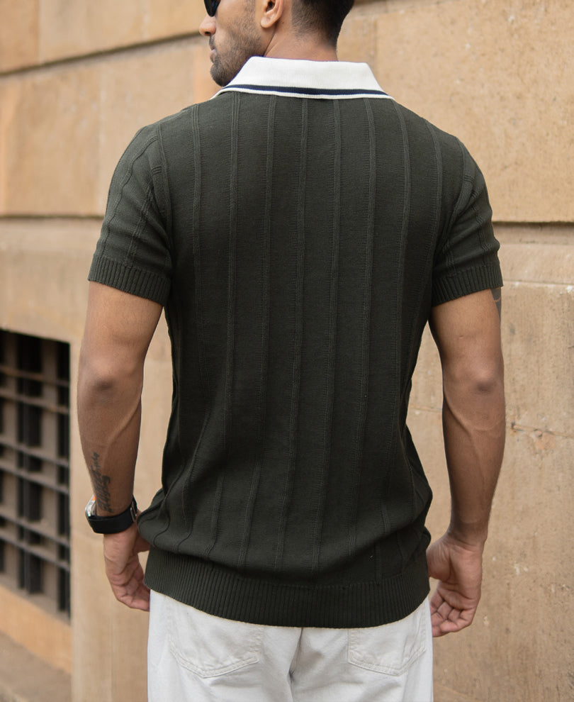 Olive Contrast Collar Knit T-Shirt.