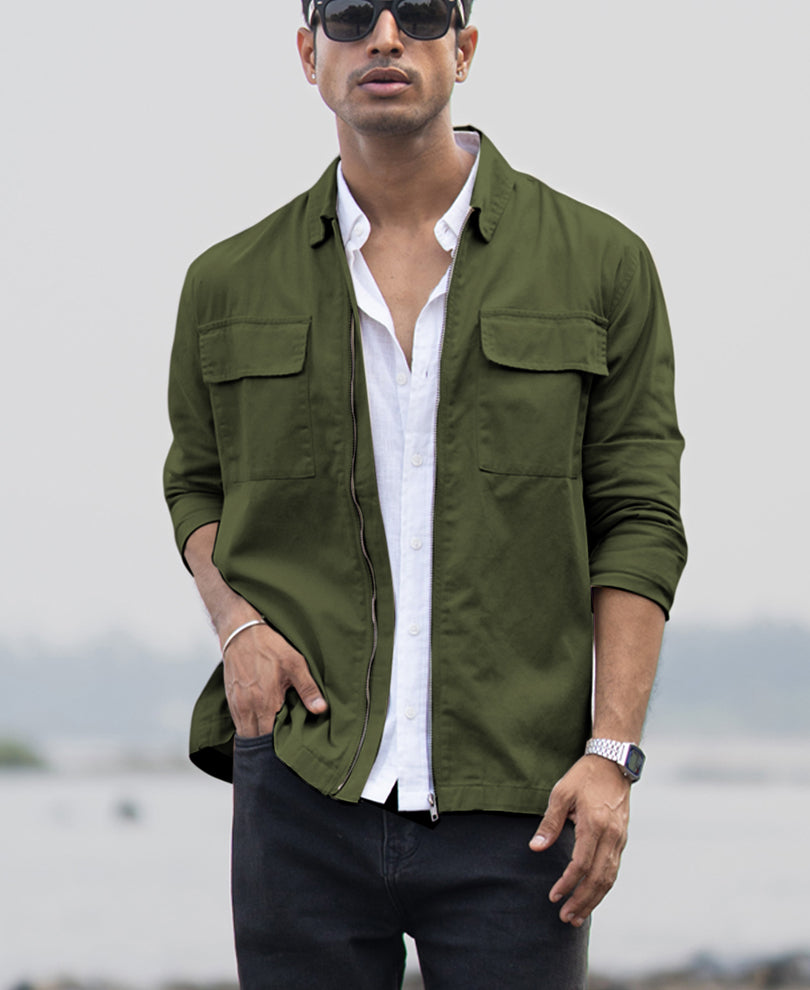 Olive Structured Zipper Overshirt.