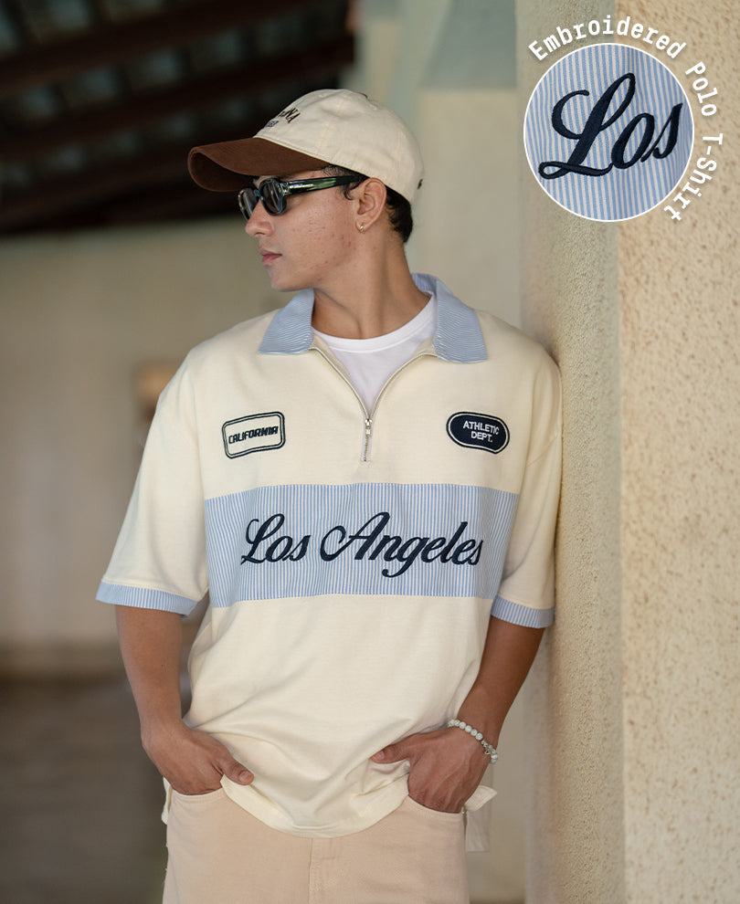 Cream Stripe Patch Embroidered T-Shirt