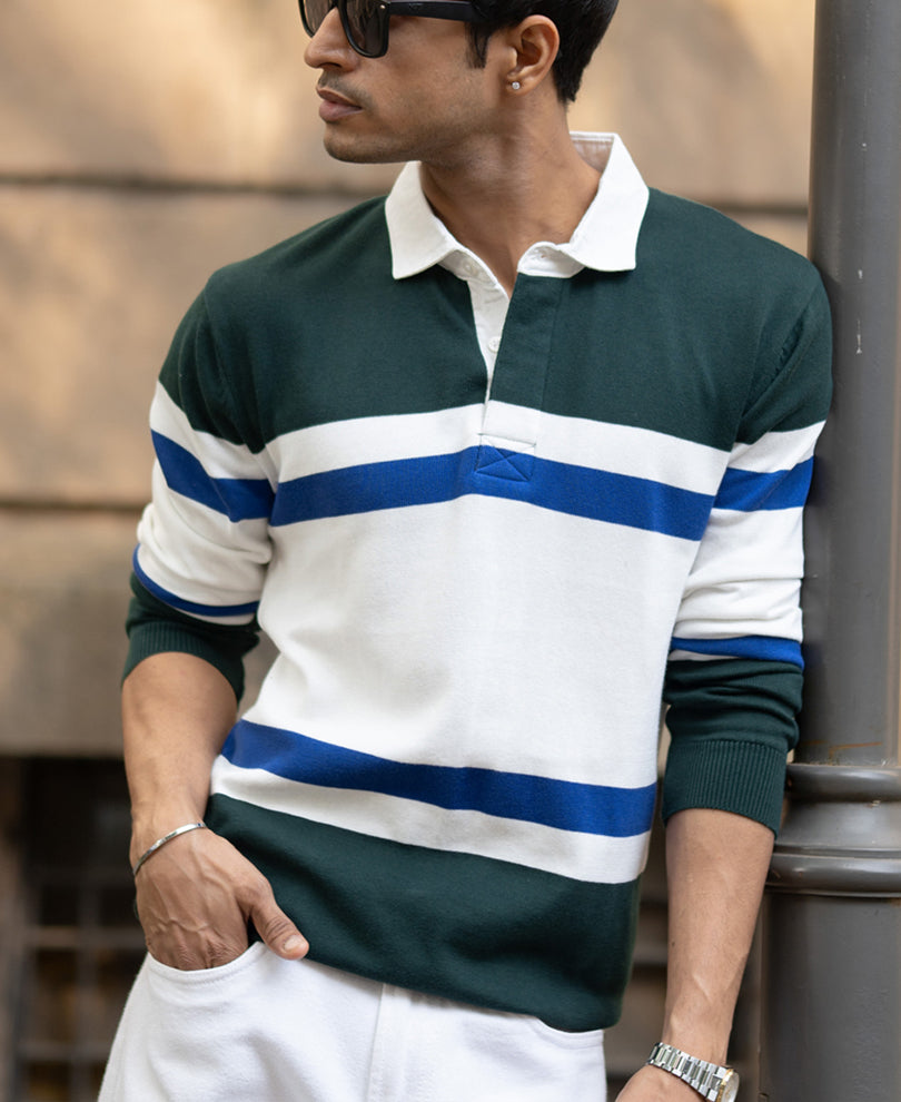 Olive And White Stripe Polo T-Shirt.