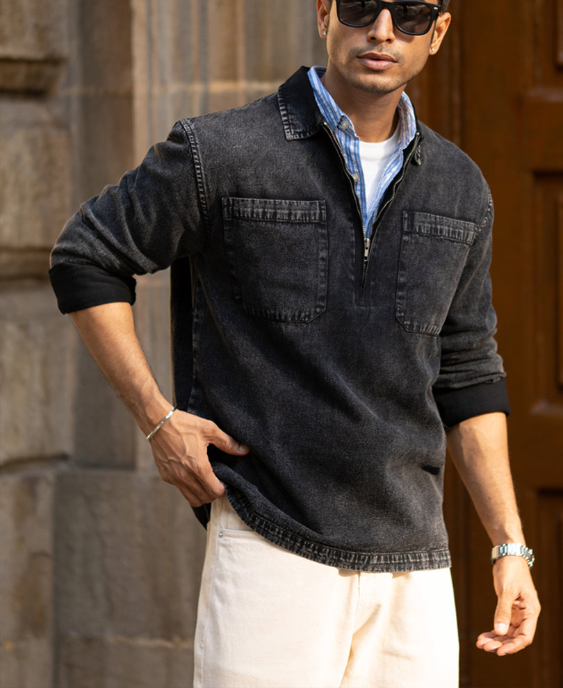 Black Washed Denim Polo Shirt.