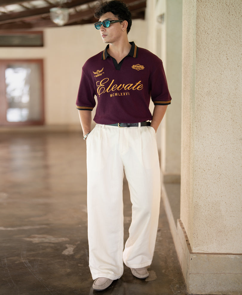 Wine Embroidered Structure Knit T-Shirt