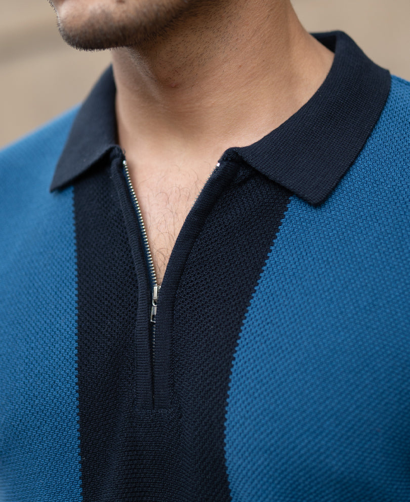 Dark Blue Stripe Knit T-Shirt.
