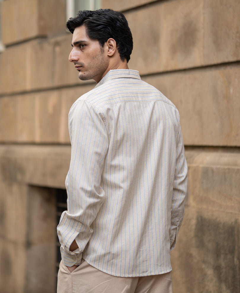 Blue & Beige Linen Stripe Shirt.