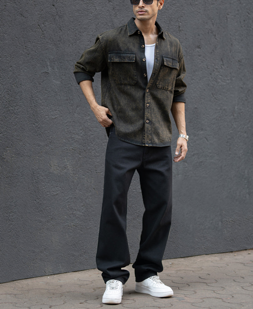 Dark Brown Washed Denim Overshirt.