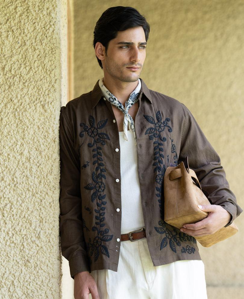Brown Structure Embroidered Shirt 100% Cotton