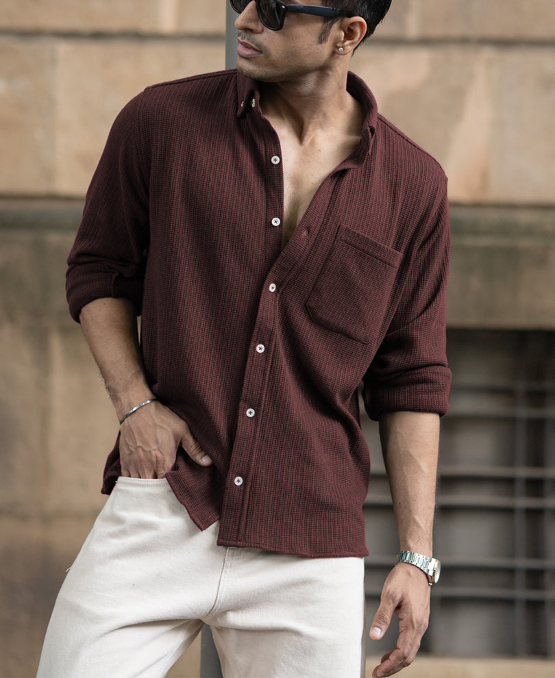 Coffee Structured Knit Shirt.