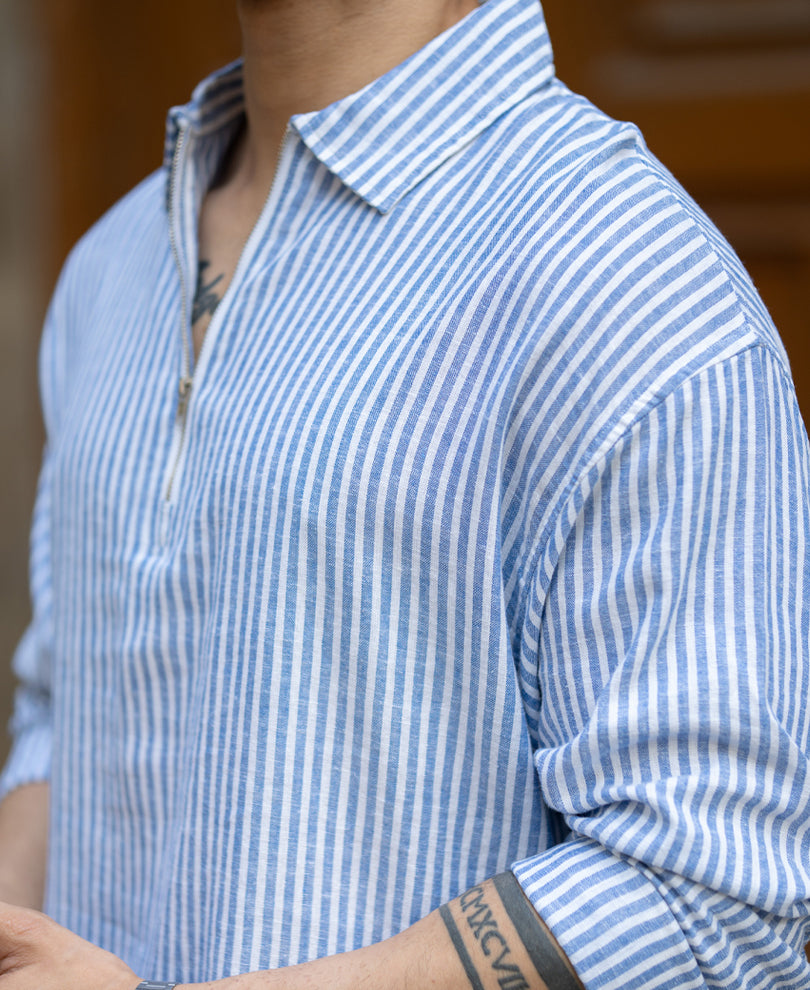 Blue Stripe Zipper Kurta Shirt.