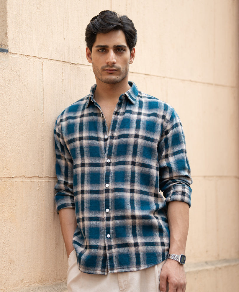 Teal Structured Checks Shirt.