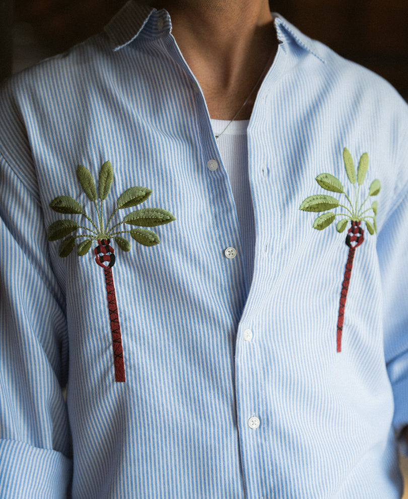 Buy Blue Stripe Palm Embroidery Shirt for Men | POWERLOOK
