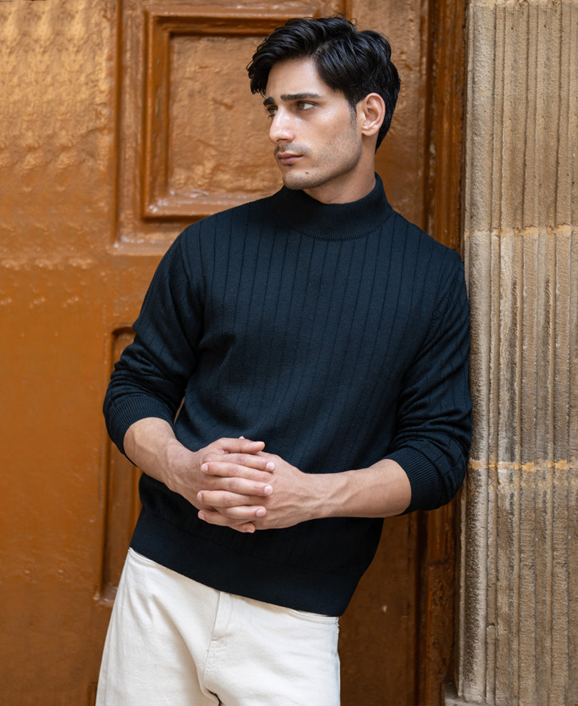Black Structure Stripe High Neck T-Shirt.