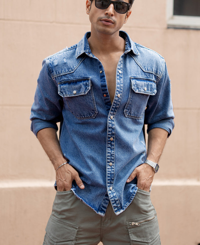 Mid Blue Distressed Denim Overshirt.