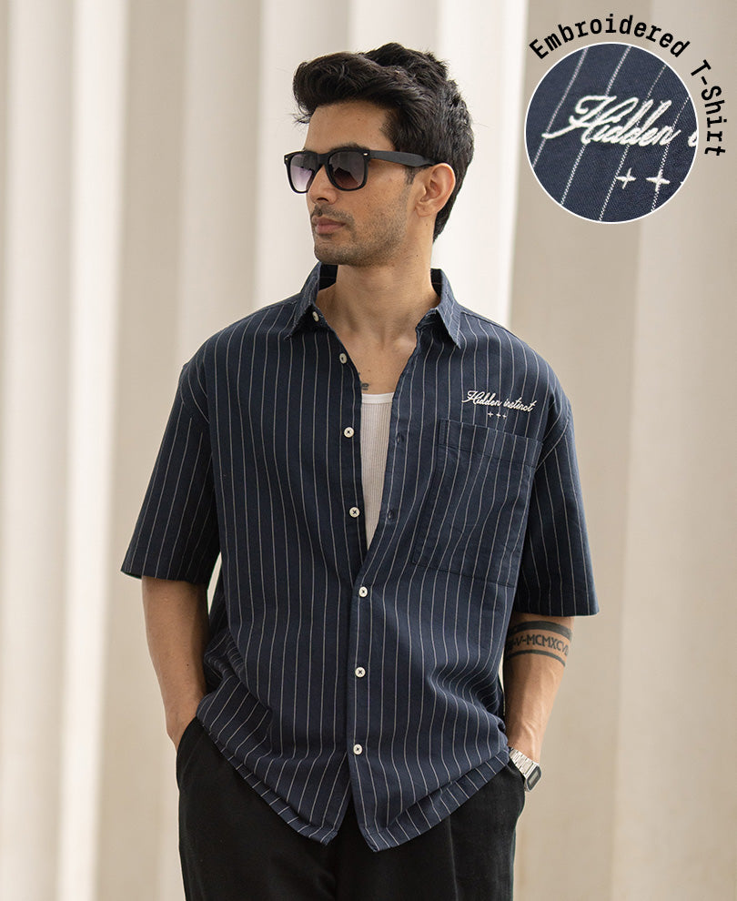 Navy Oxford Stripe Shirt 100% Cotton