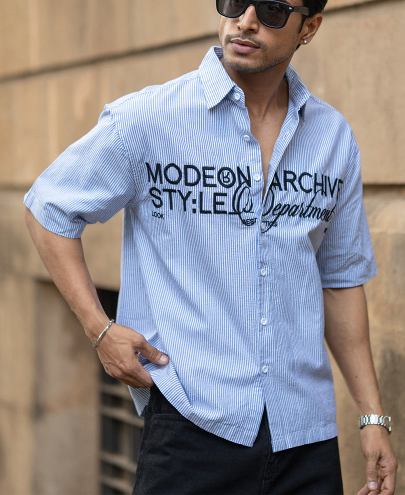 Sky Blue Stripe Embroidered Shirt.