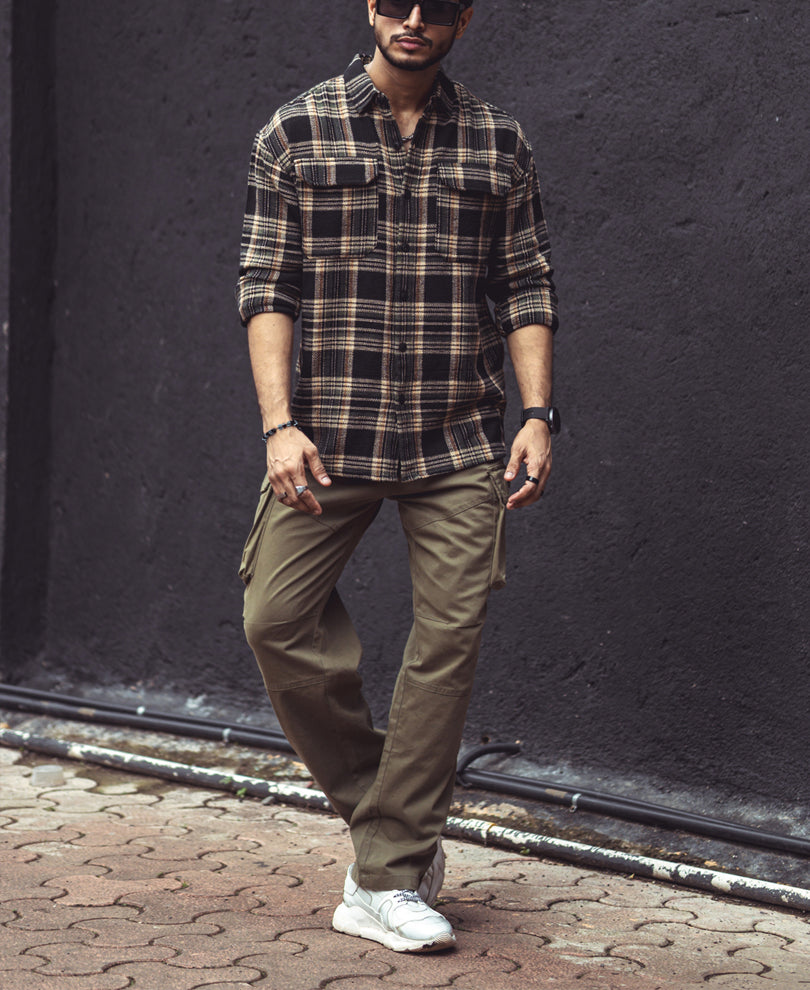 Multicolor Checks Double Pockets Oversize Drop Shoulder Shirt.