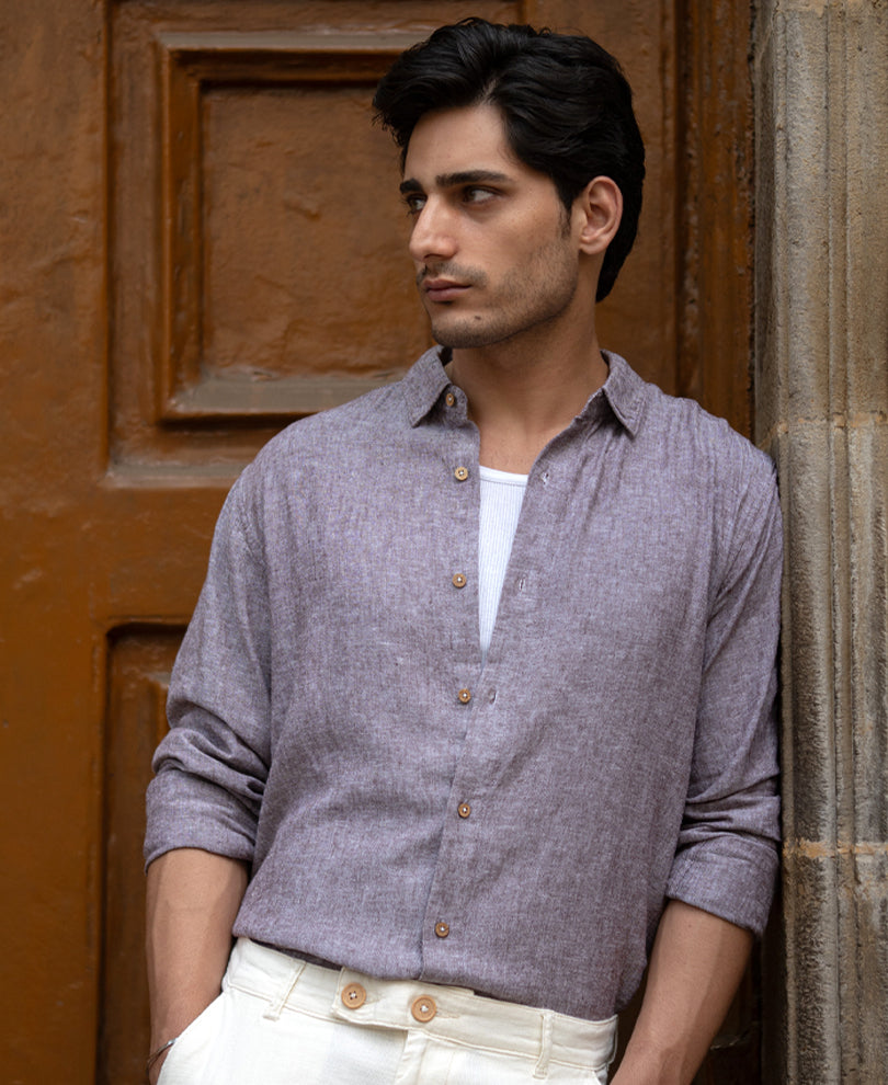 Brown Linen Blend Slub Shirt.