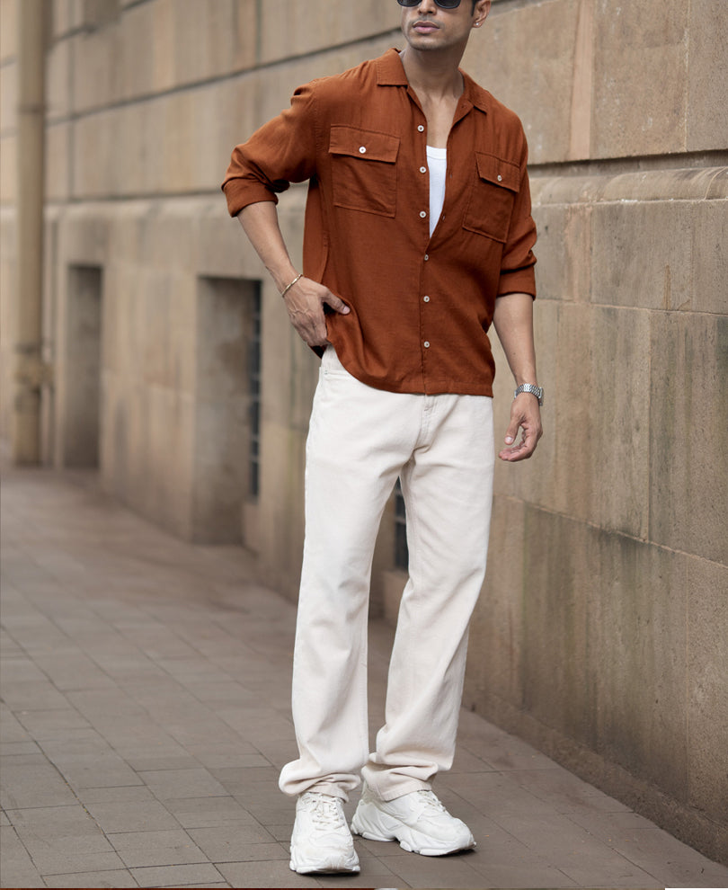 Tan Linen Double Pocket Shirt.