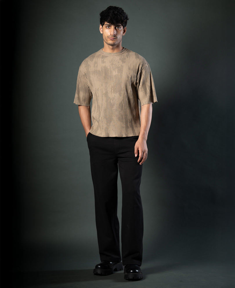 Beige Printed Structure Stripe T-Shirt.