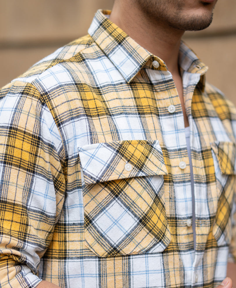 Yellow Checks Double Pocket Shirt.