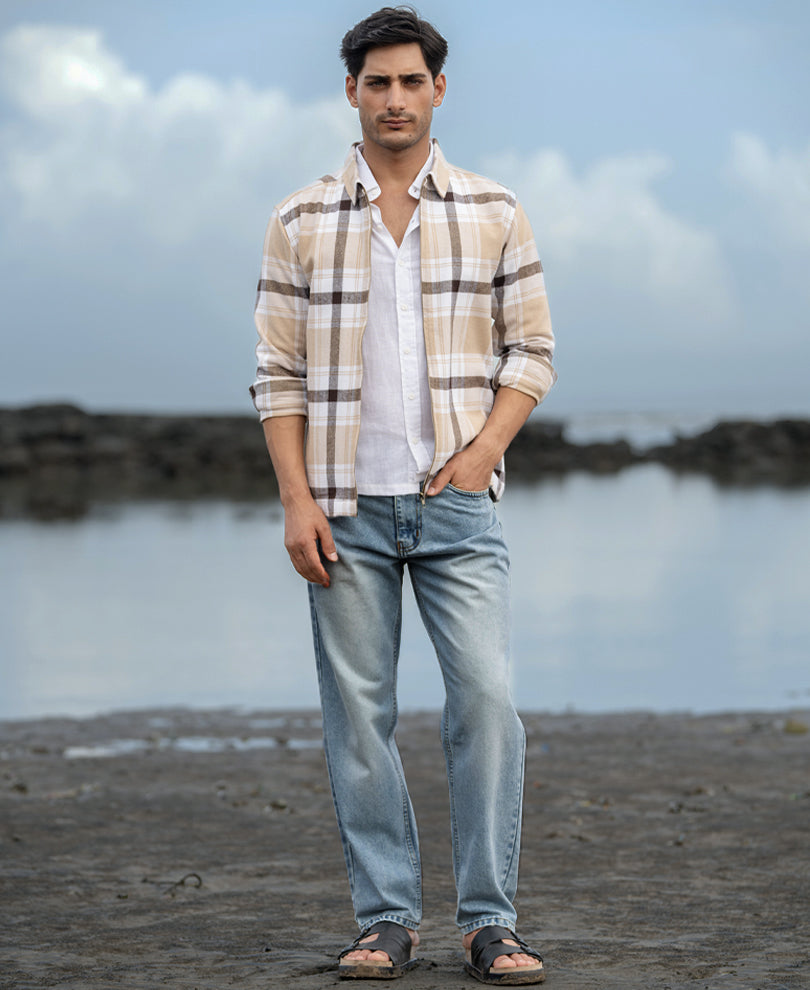 Beige Checks Zipper Shirt.