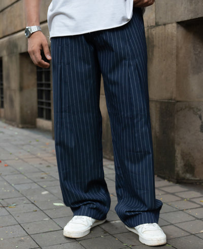 Navy Striped Pleated Trousers