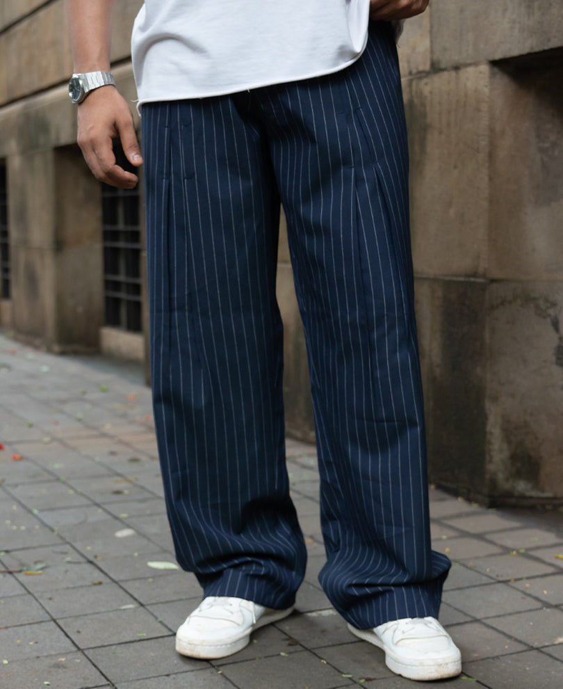 Navy Striped Pleated Trousers