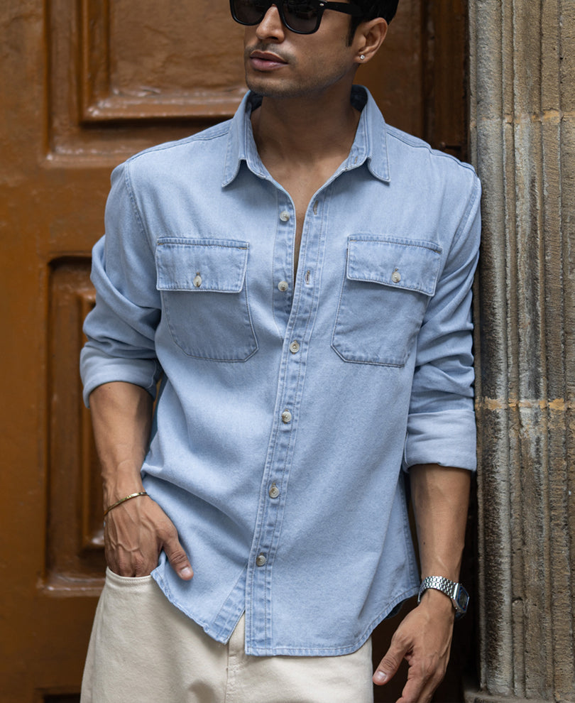 Blue Washed Denim Double Pocket Shirt.