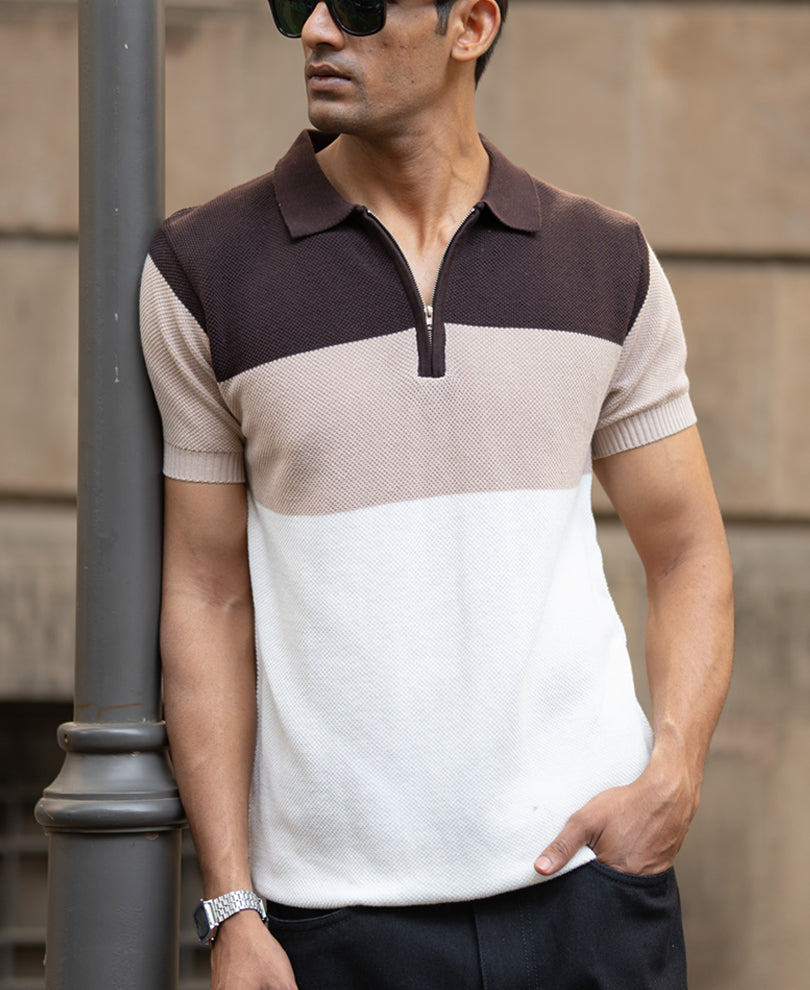 Beige & Brown Knit Stripe T-Shirt.