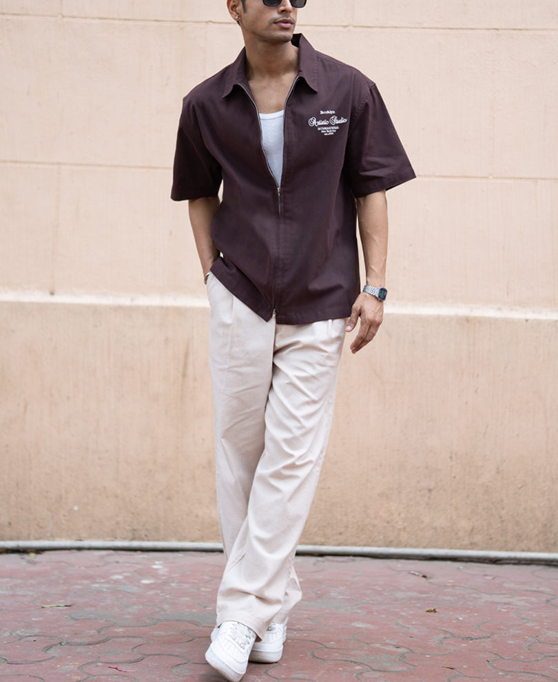 Brown Embroidered Boxy Shirt.