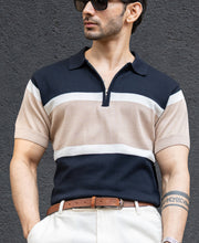 Navy & Beige Knit Stripe T-Shirt.