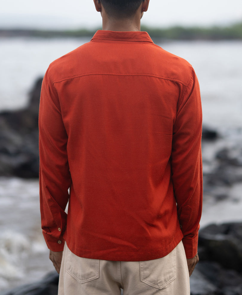 Spicy Orange Linen Blend Embroidery Shirt.