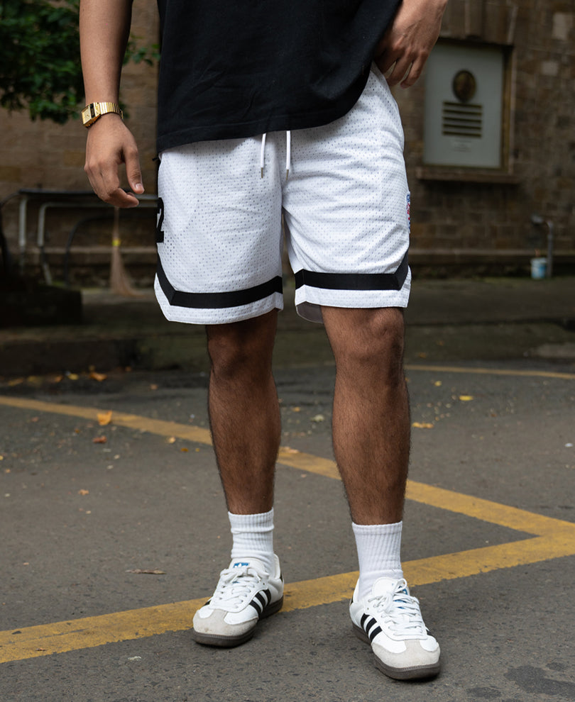 White Embroidered Mesh Basketball Shorts.