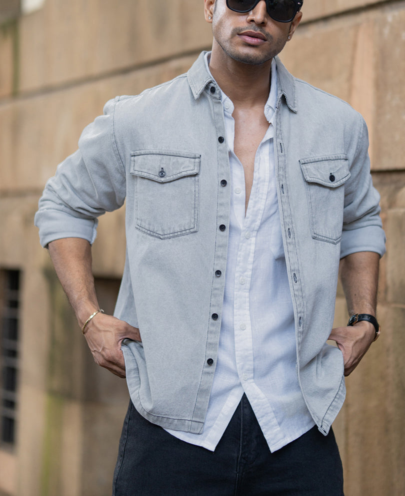 Grey Denim Shacket With Pockets.