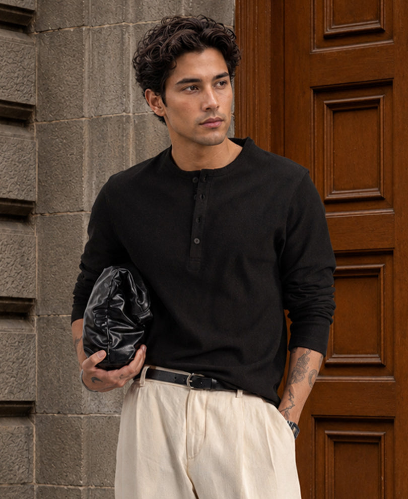 Black Henley Neck Knit T-Shirt
