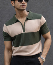 Olive & Beige Knit Stripe T-Shirt.