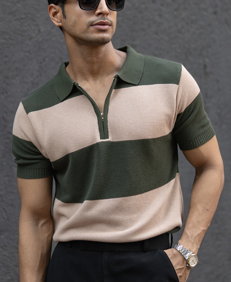 Olive & Beige Knit Stripe T-Shirt.