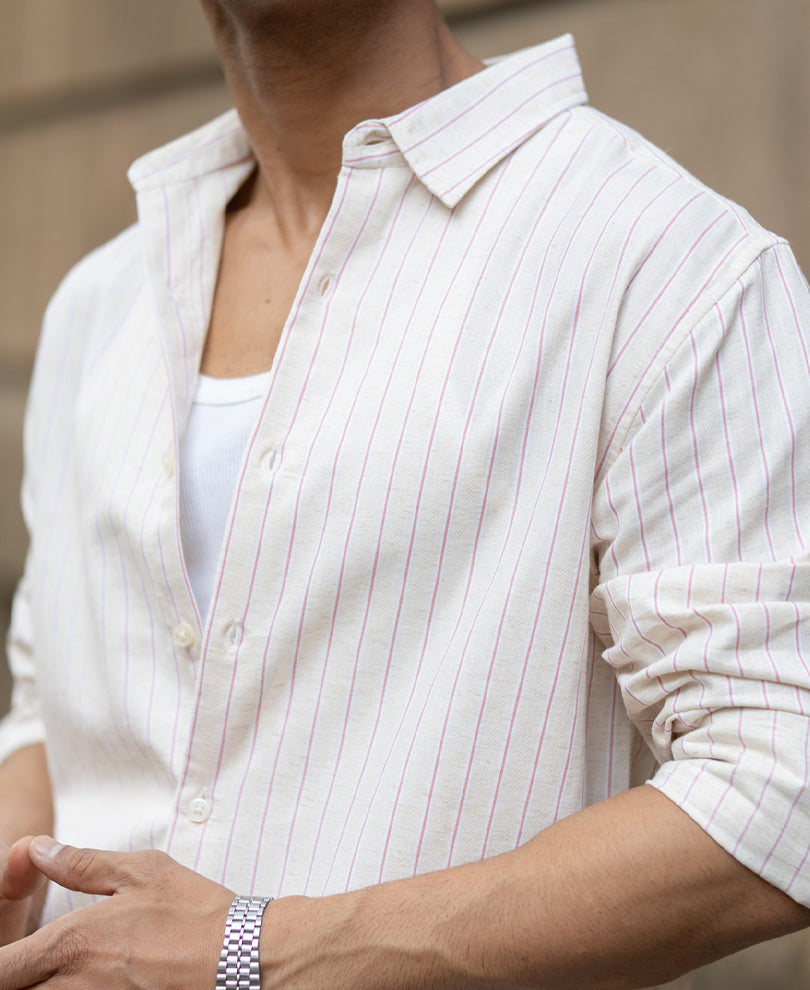 Peach & Beige Linen Stripe Shirt.