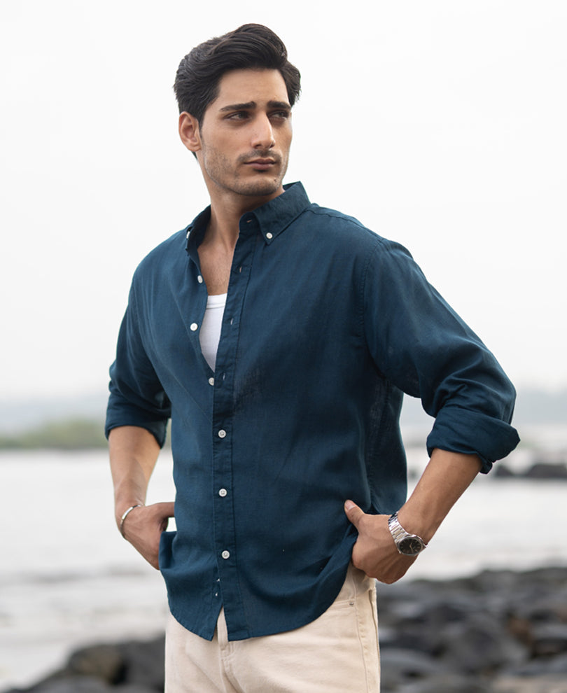 Dark Teal Linen Blend Shirt.